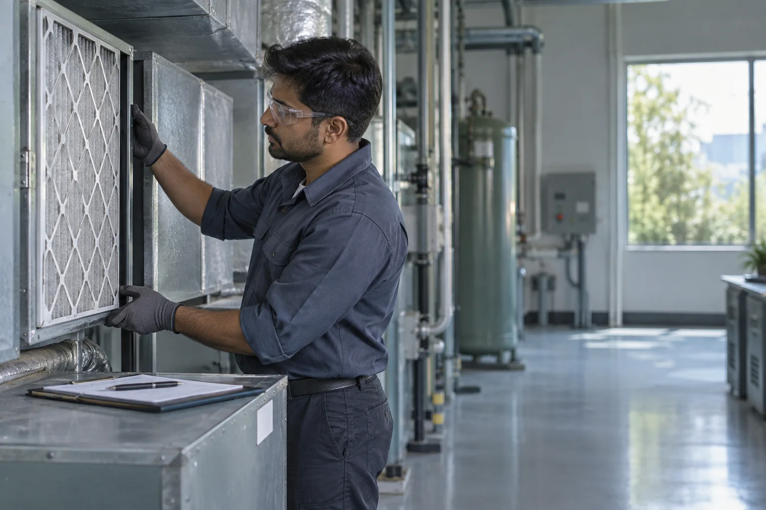 A facilities technician inspecting an air filter