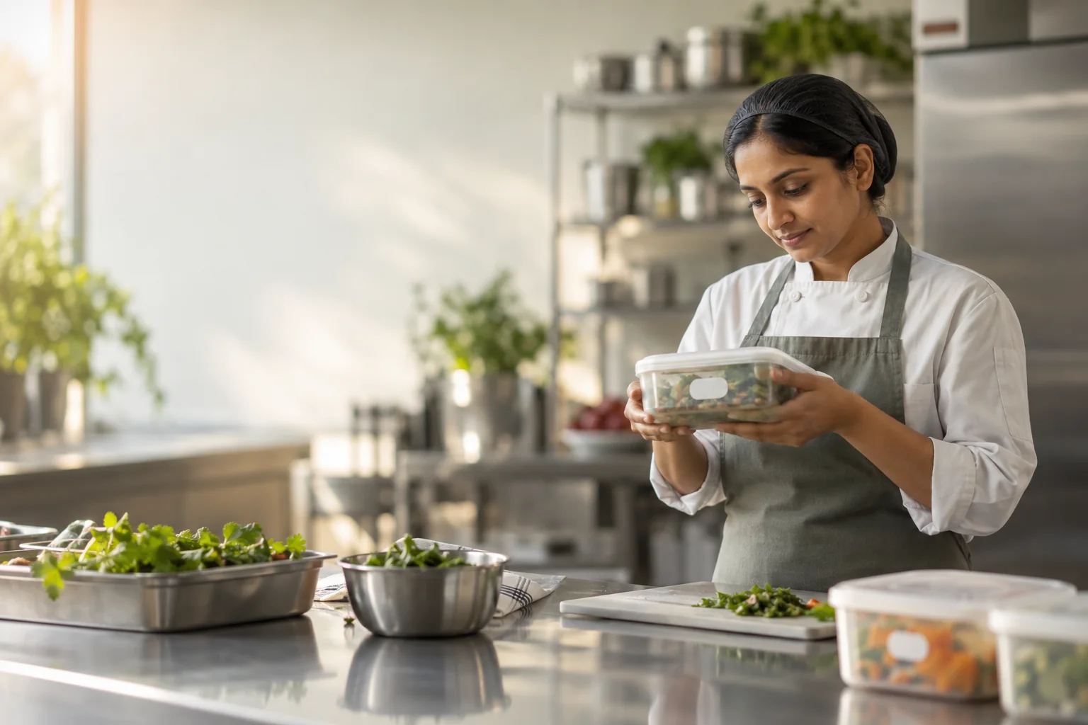 A food-service professional calmly checking a prepared-food container