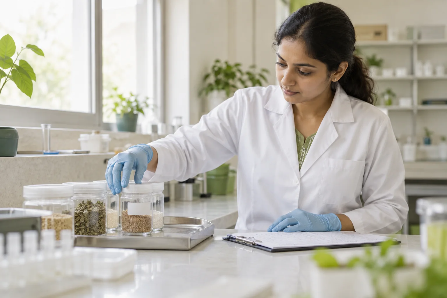 A quality professional arranging labelled sample containers